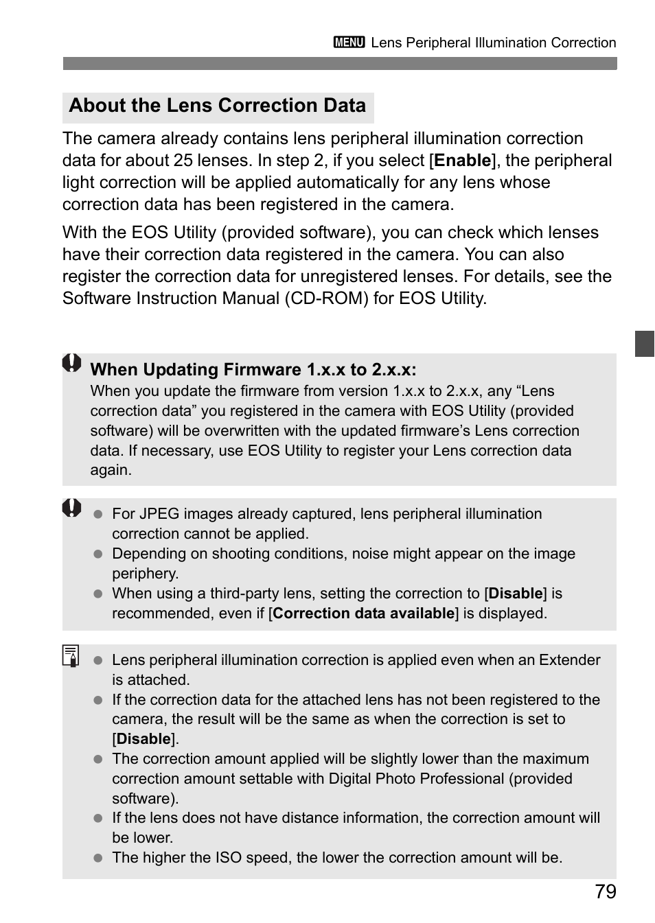 About the lens correction data | Canon EOS 7D User Manual | Page 79 / 292