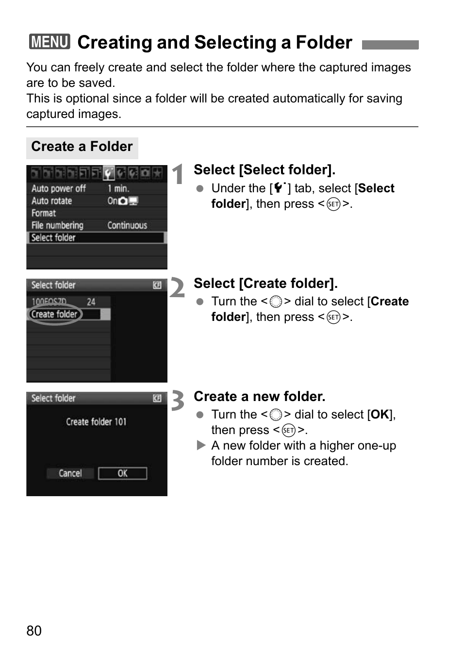 3creating and selecting a folder | Canon EOS 7D User Manual | Page 80 / 292