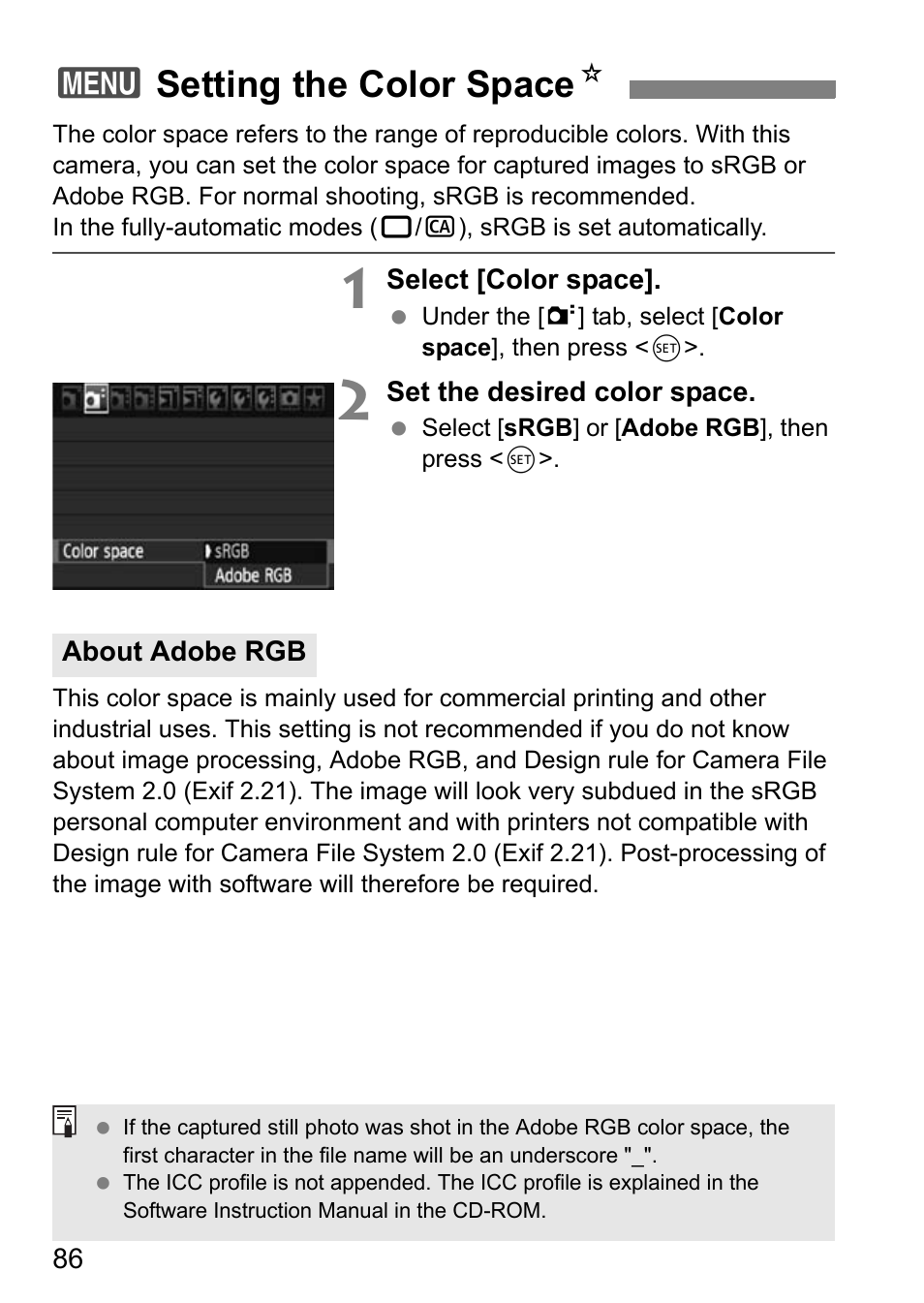 3setting the color space n | Canon EOS 7D User Manual | Page 86 / 292