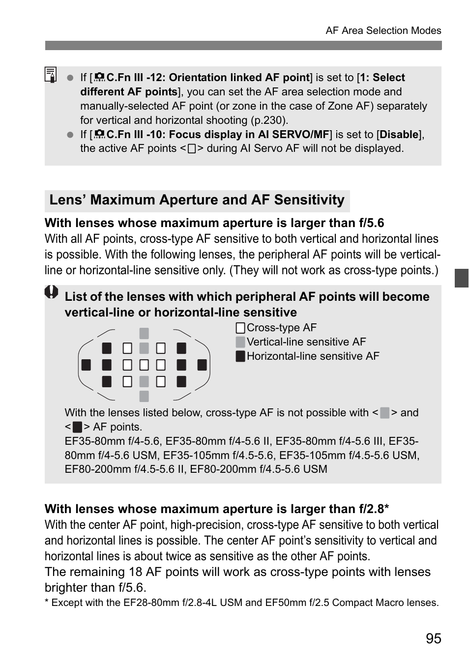 Lens’ maximum aperture and af sensitivity | Canon EOS 7D User Manual | Page 95 / 292