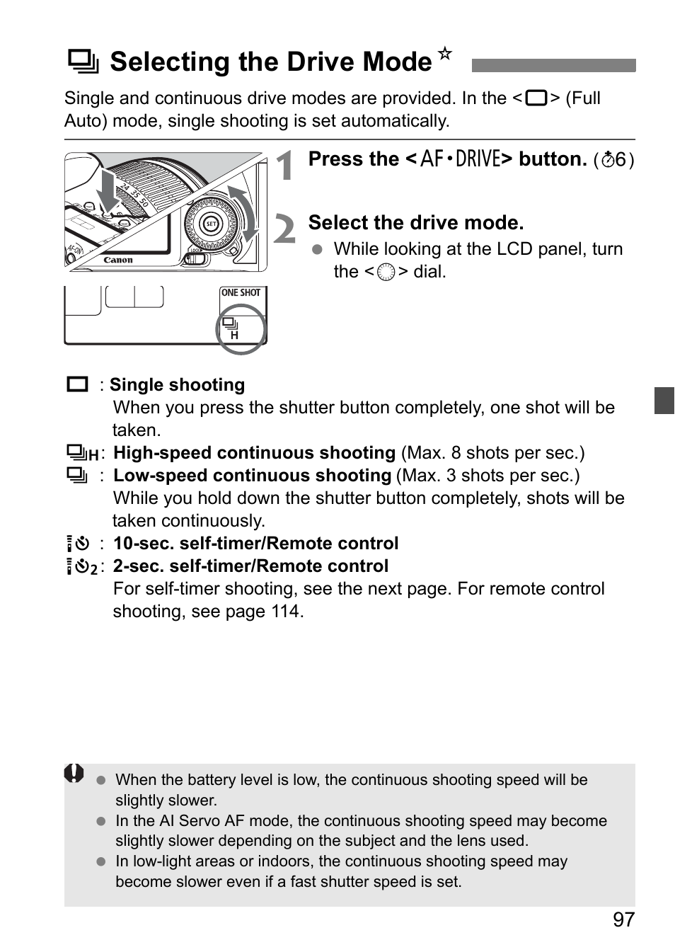 Iselecting the drive mode n | Canon EOS 7D User Manual | Page 97 / 292