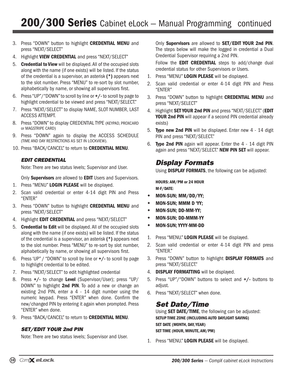 Cabinet elock — manual programming continued, Display formats, Set date/time | CompX eLock Network Cabinet User Manual | Page 10 / 12