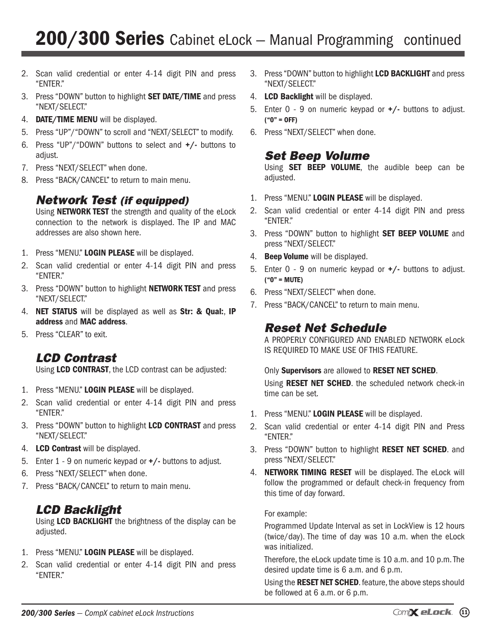 Cabinet elock — manual programming continued, Network test, Lcd contrast | Lcd backlight, Set beep volume, Reset net schedule | CompX eLock Network Cabinet User Manual | Page 11 / 12