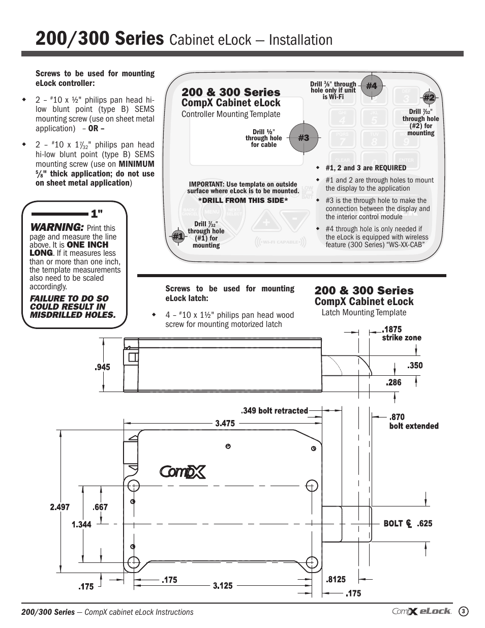 Cabinet elock — installation, Warning | CompX eLock Network Cabinet User Manual | Page 3 / 12