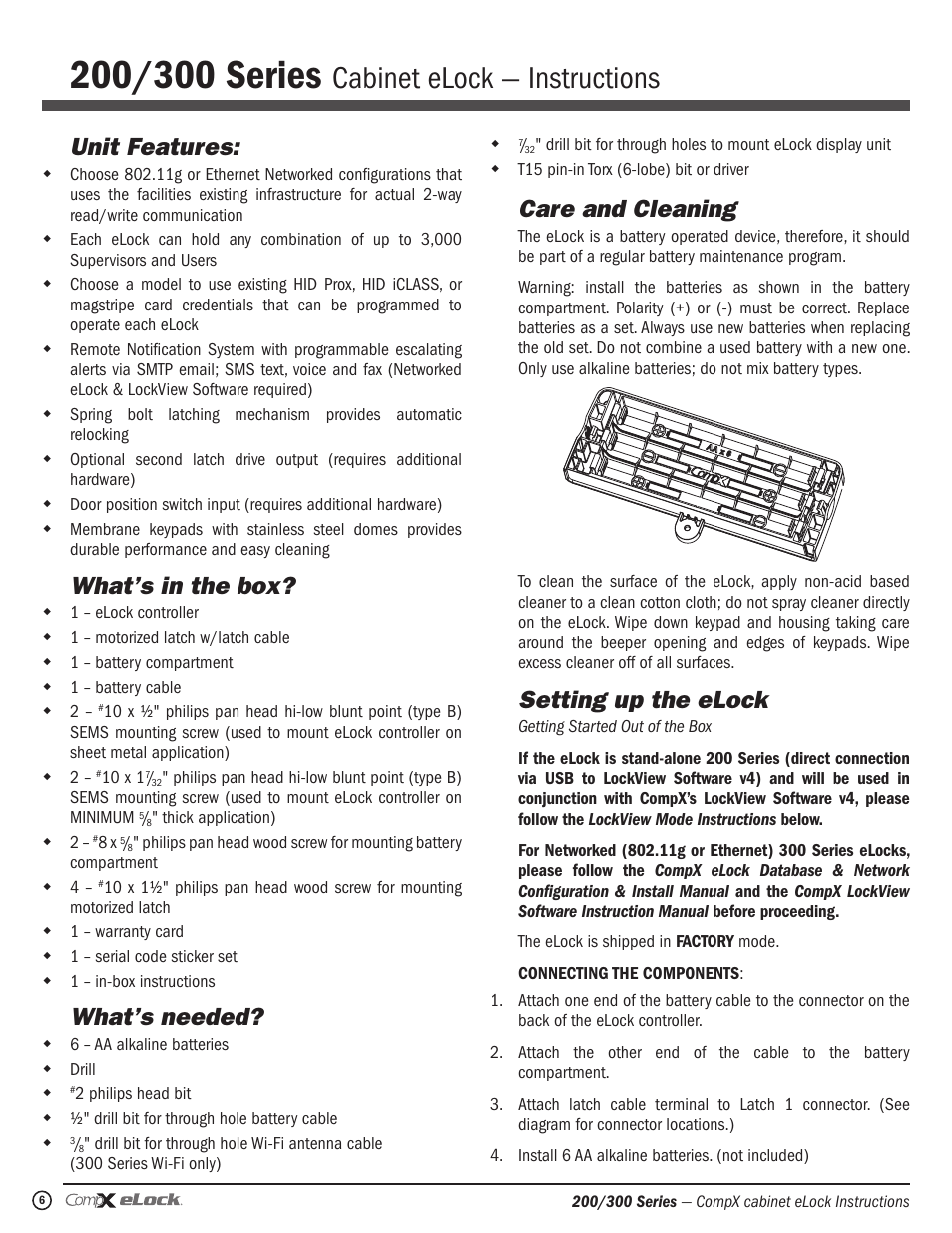 Cabinet elock — instructions, Unit features, What’s in the box | What’s needed, Care and cleaning, Setting up the elock | CompX eLock Network Cabinet User Manual | Page 6 / 12