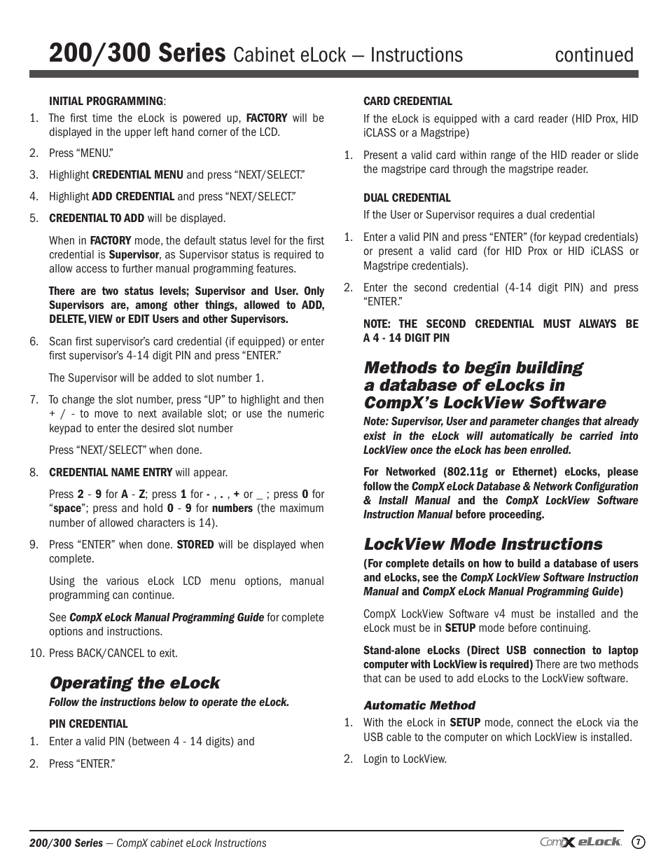 Cabinet elock — instructions continued, Operating the elock, Lockview mode instructions | CompX eLock Network Cabinet User Manual | Page 7 / 12