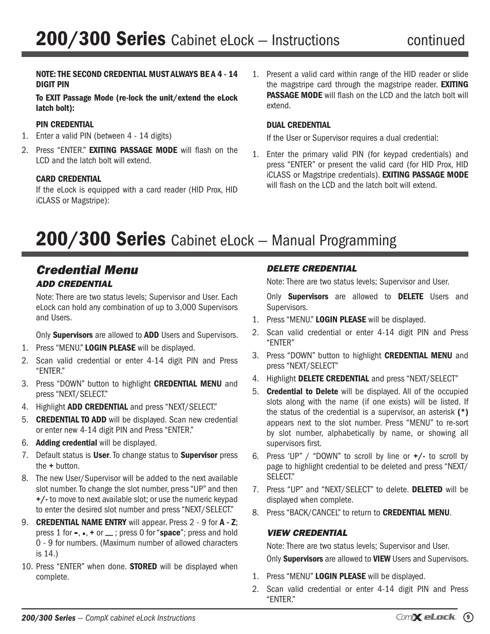 Cabinet elock — instructions continued, Cabinet elock — manual programming, Credential menu | CompX eLock Network Cabinet User Manual | Page 9 / 12