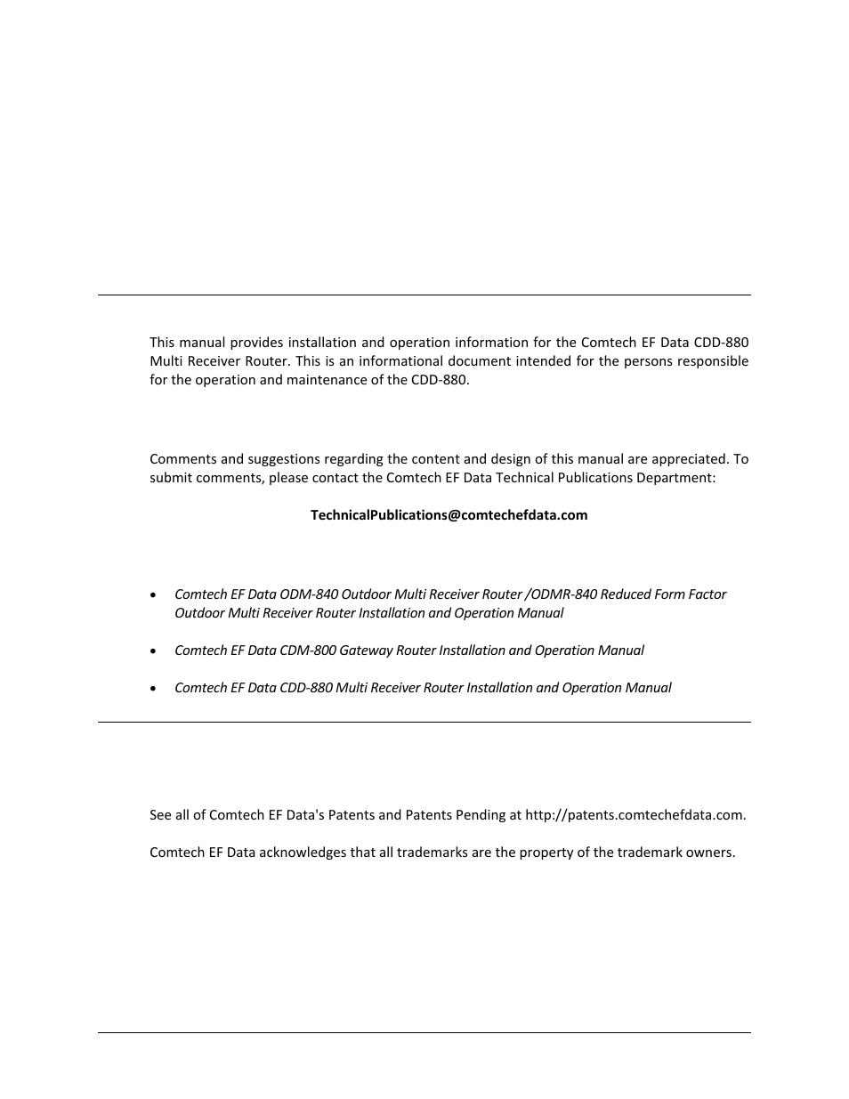 Preface, About this manual, Related documents | Conventions and references, Patents and trademarks | Comtech EF Data CDD-880 User Manual | Page 11 / 124