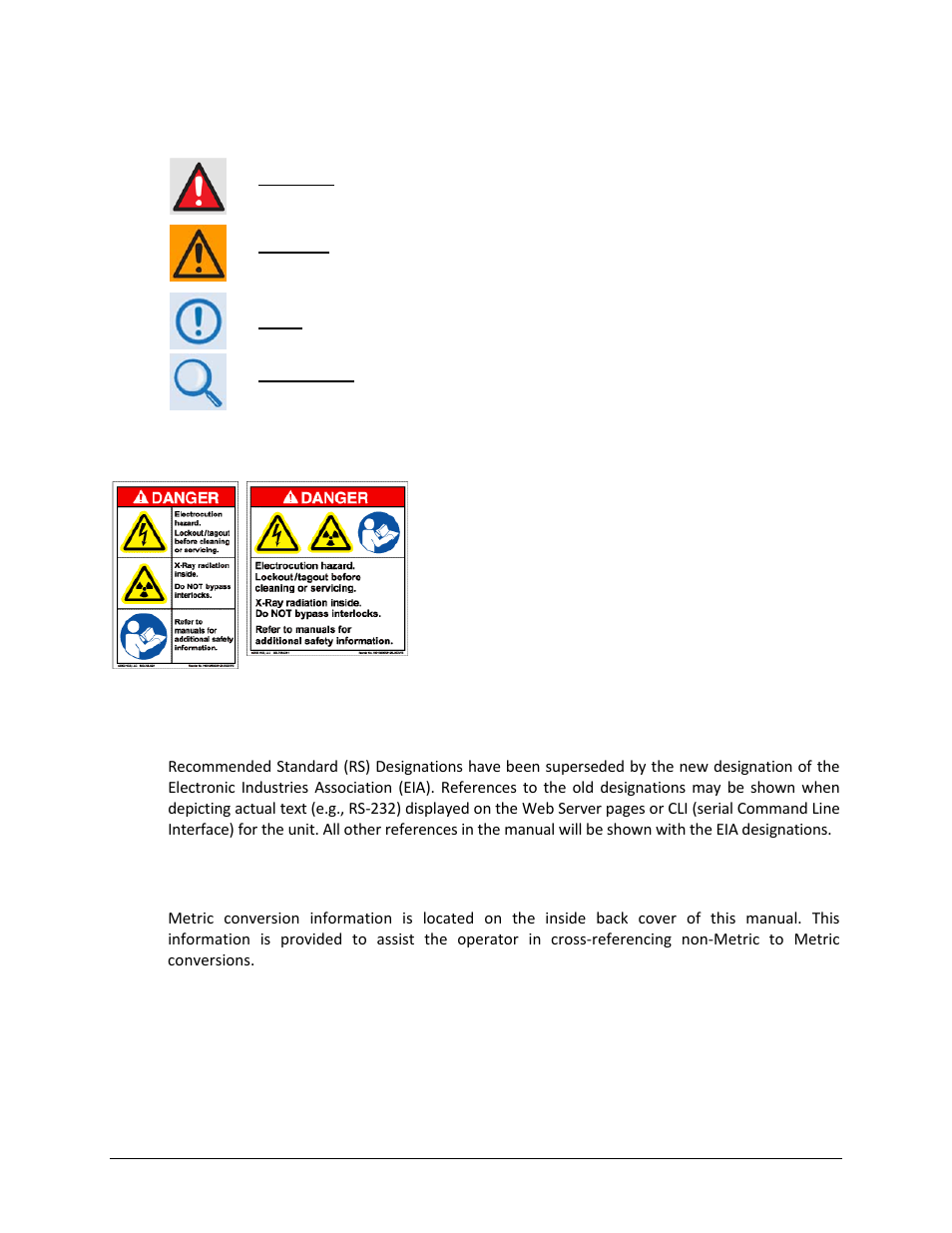 Warnings, cautions, and notes, Examples of multi-hazard notices, Recommended standard designations | Metric conversion | Comtech EF Data CDD-880 User Manual | Page 12 / 124