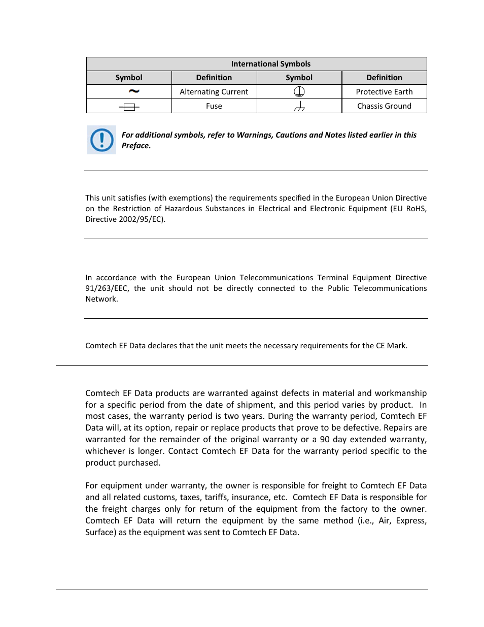 European union rohs directive (2002/95/ec), Ce mark, Warranty policy | Comtech EF Data CDD-880 User Manual | Page 15 / 124