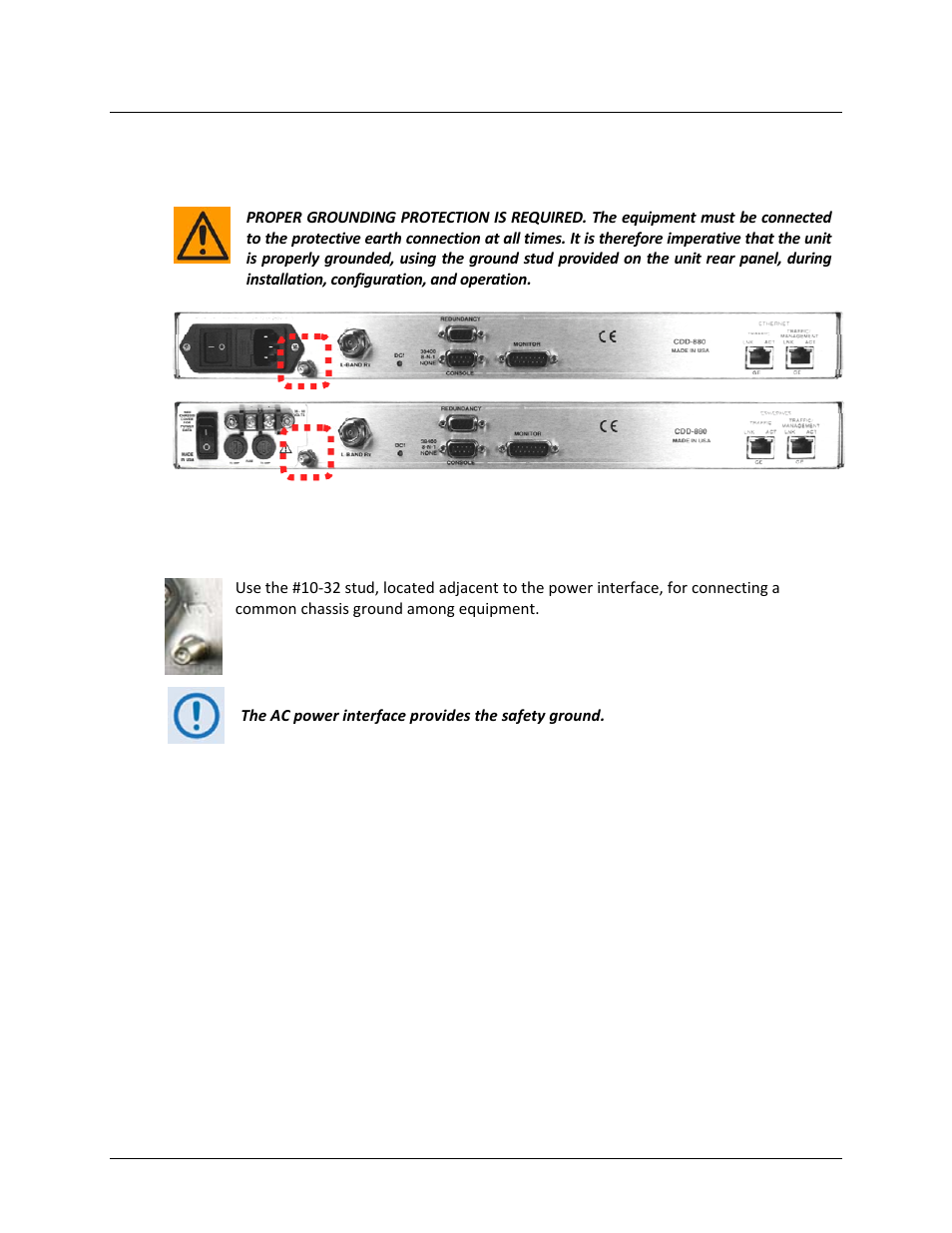 3 cdd-880 ground and power connections, 1 chassis ground interface | Comtech EF Data CDD-880 User Manual | Page 45 / 124