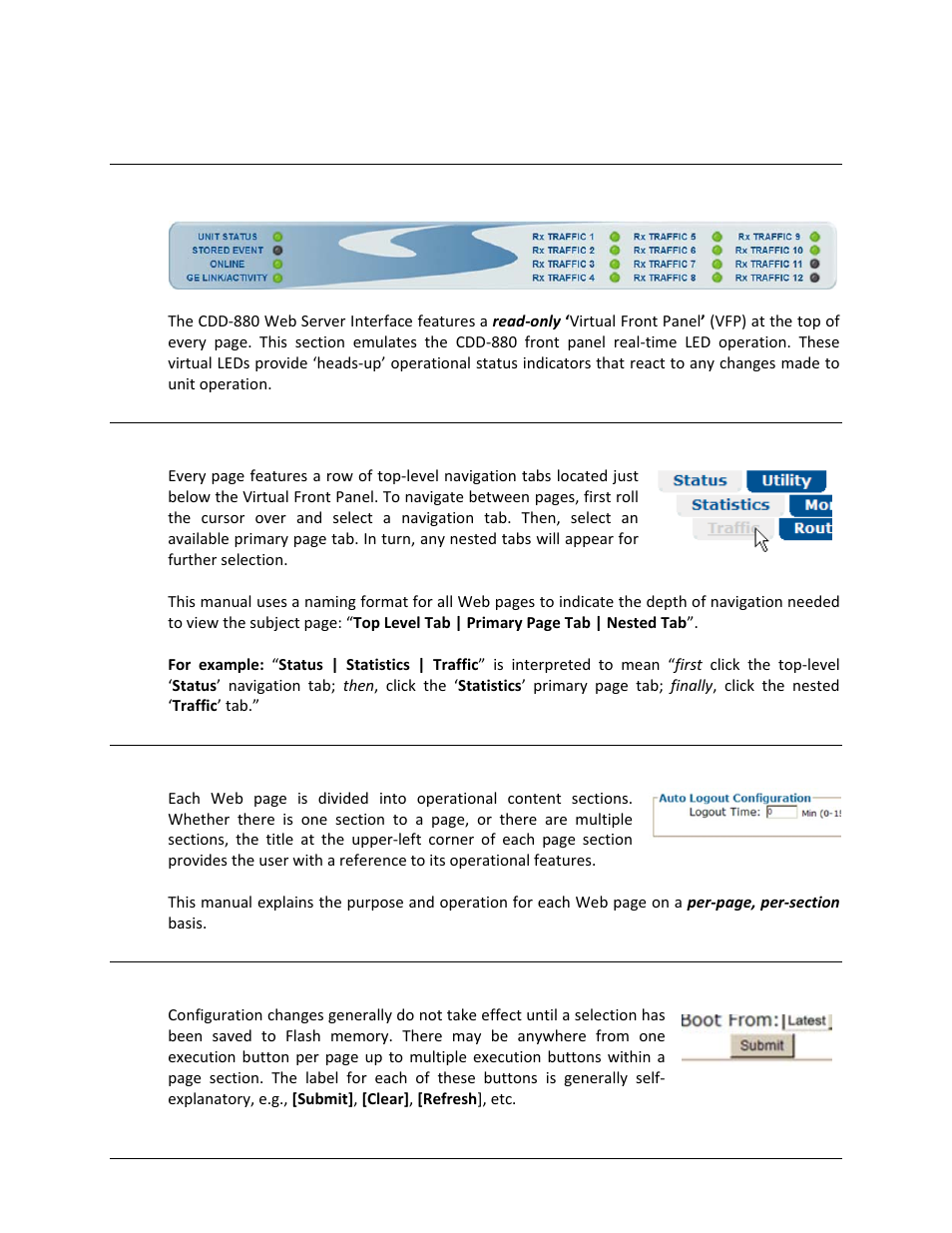 2 web server interface – operational features, Virtual front panel, 2 navigation | 4 execution buttons | Comtech EF Data CDD-880 User Manual | Page 65 / 124