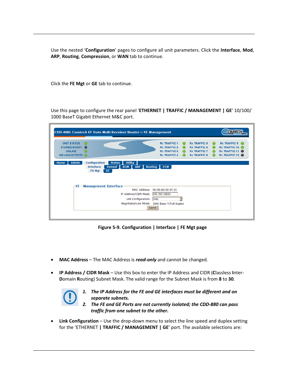 1 configuration | interface, 1 configuration | interface | fe mgt | Comtech EF Data CDD-880 User Manual | Page 78 / 124