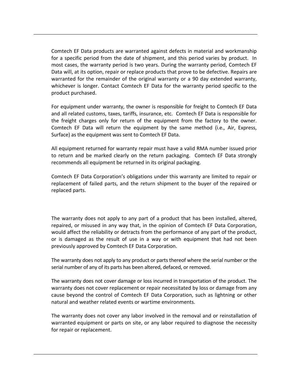 Warranty policy, Limitations of warranty | Comtech EF Data CDM-800 User Manual | Page 16 / 130