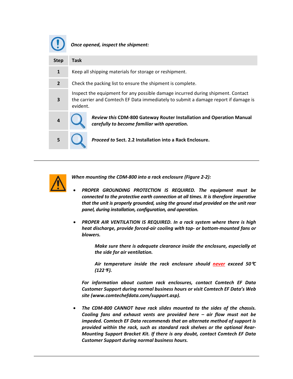 2 installation into a rack enclosure | Comtech EF Data CDM-800 User Manual | Page 32 / 130