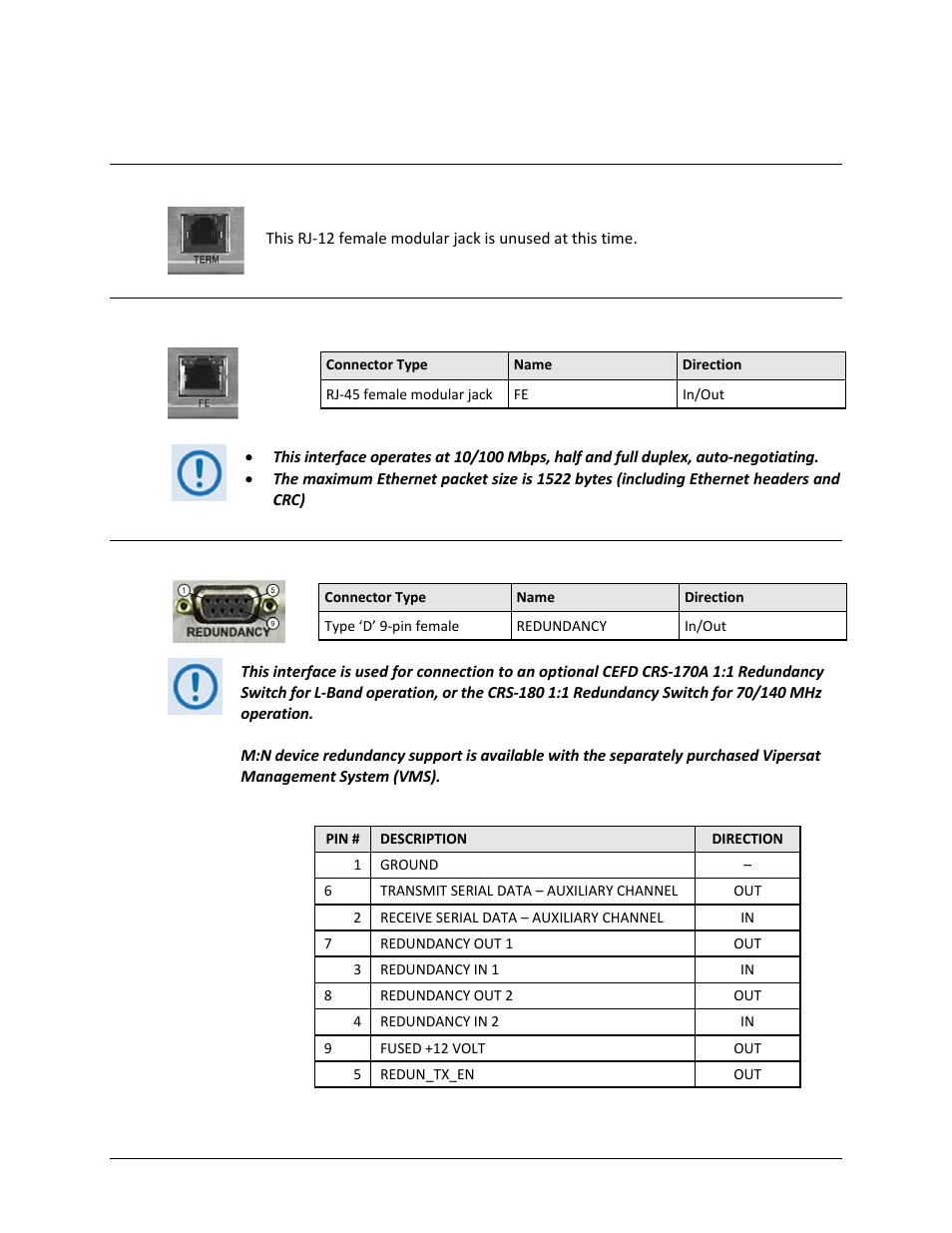 4 utility connector group, 1 ‘term’ connector, 2 ‘fe’ (fast ethernet) connector | Redundancy’ connector, 3 ‘redundancy’ connector | Comtech EF Data CDM-800 User Manual | Page 44 / 130