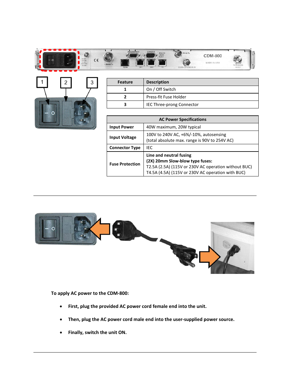 1 ac operation – applying power | Comtech EF Data CDM-800 User Manual | Page 47 / 130