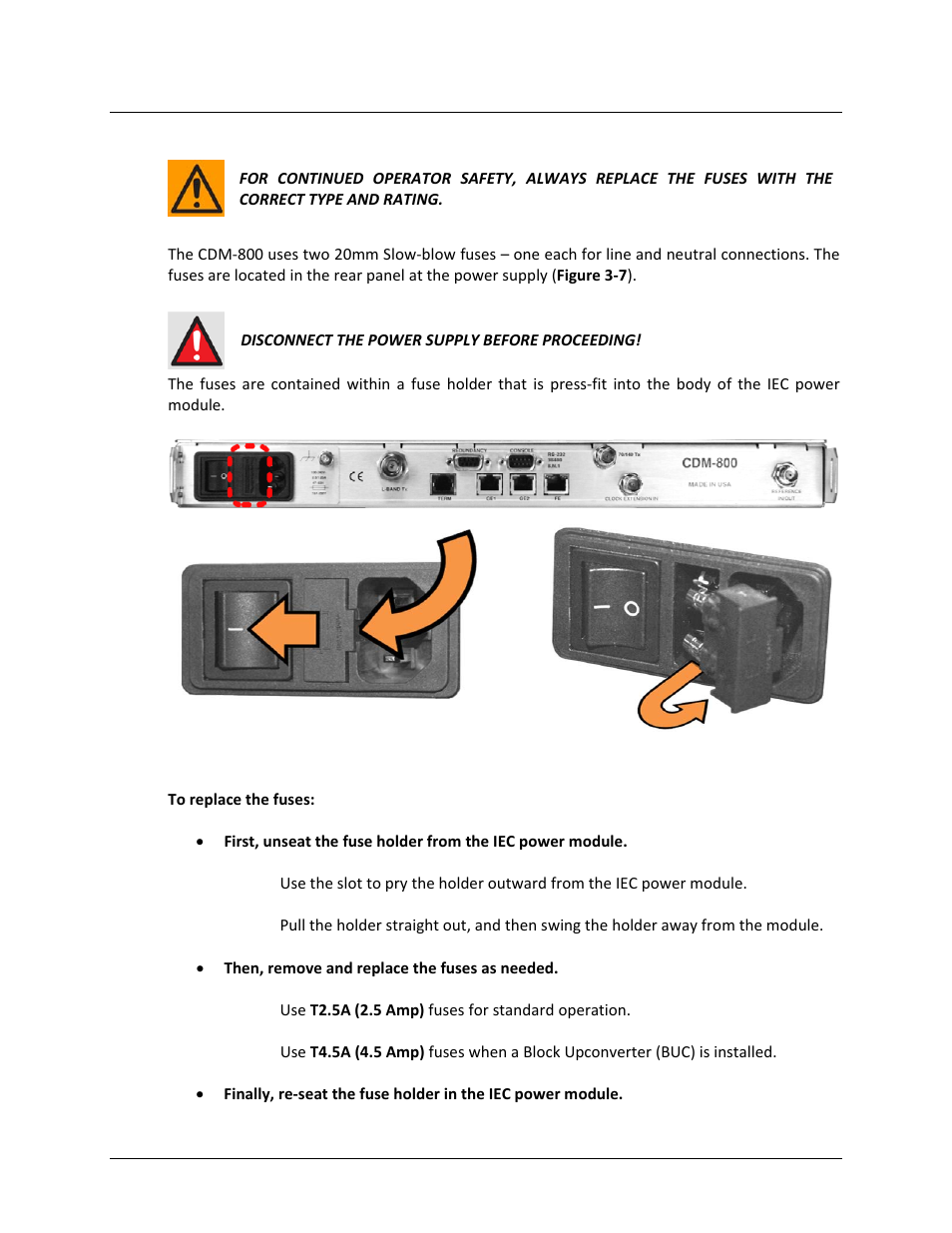 2 ac operation – replacing fuses | Comtech EF Data CDM-800 User Manual | Page 48 / 130