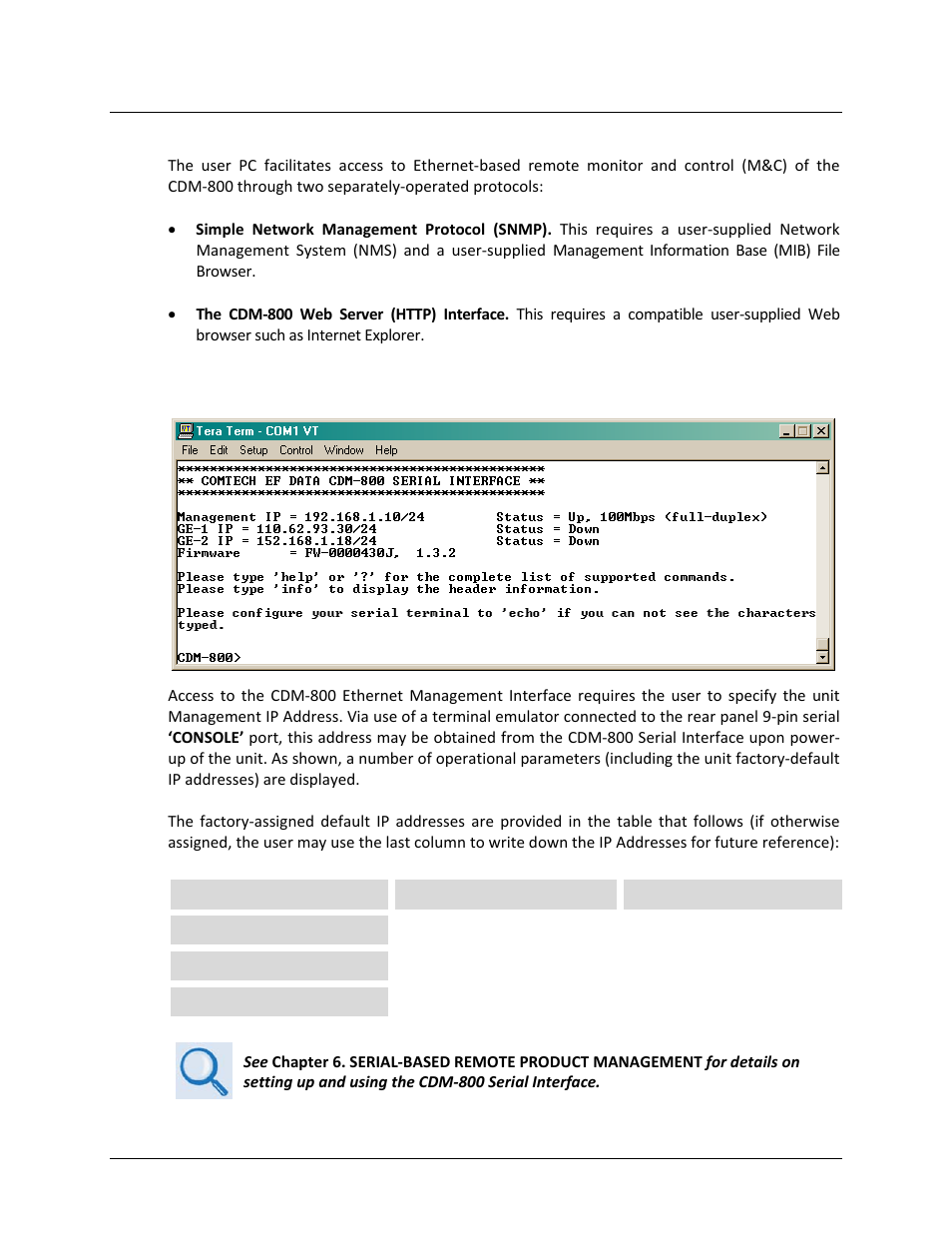 2 ethernet management interface protocols, Ethernet management interface access, 1 ethernet management interface access | Comtech EF Data CDM-800 User Manual | Page 62 / 130