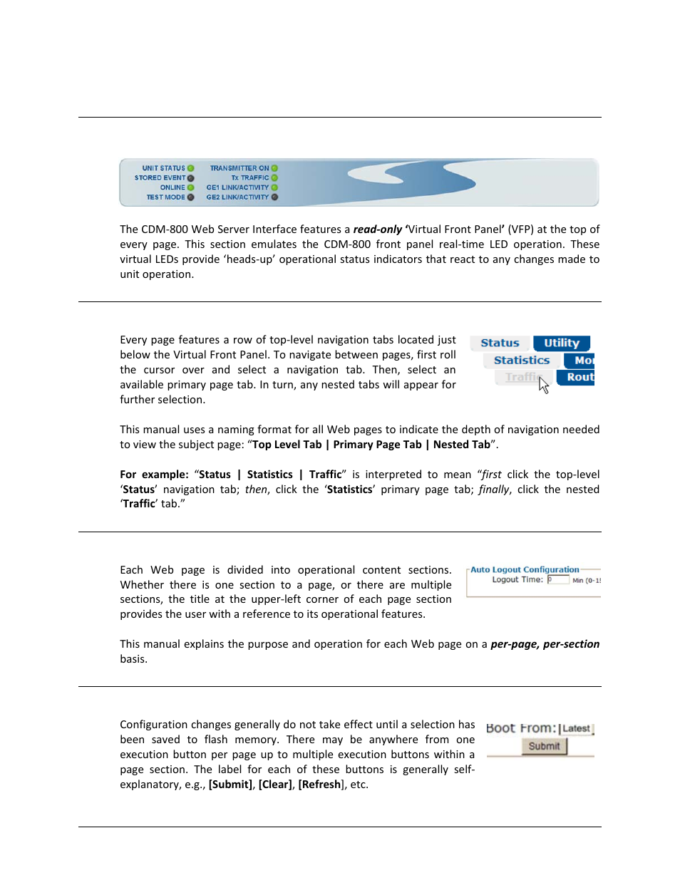 2 web server interface – operational features, Virtual front panel, 2 navigation | 4 execution buttons | Comtech EF Data CDM-800 User Manual | Page 65 / 130