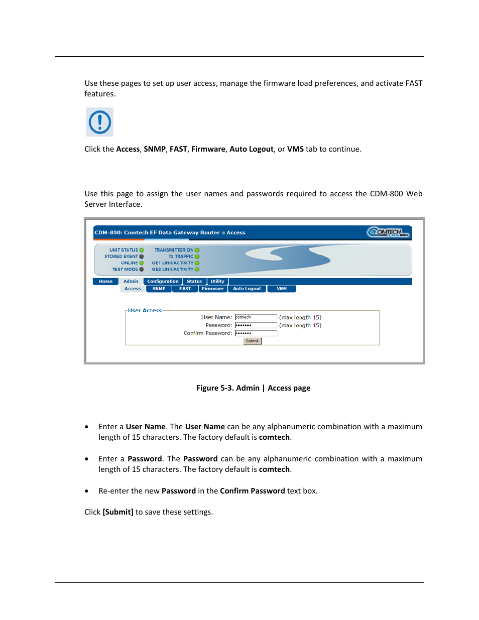 1 admin | access, 2 admin (administration) pages | Comtech EF Data CDM-800 User Manual | Page 70 / 130