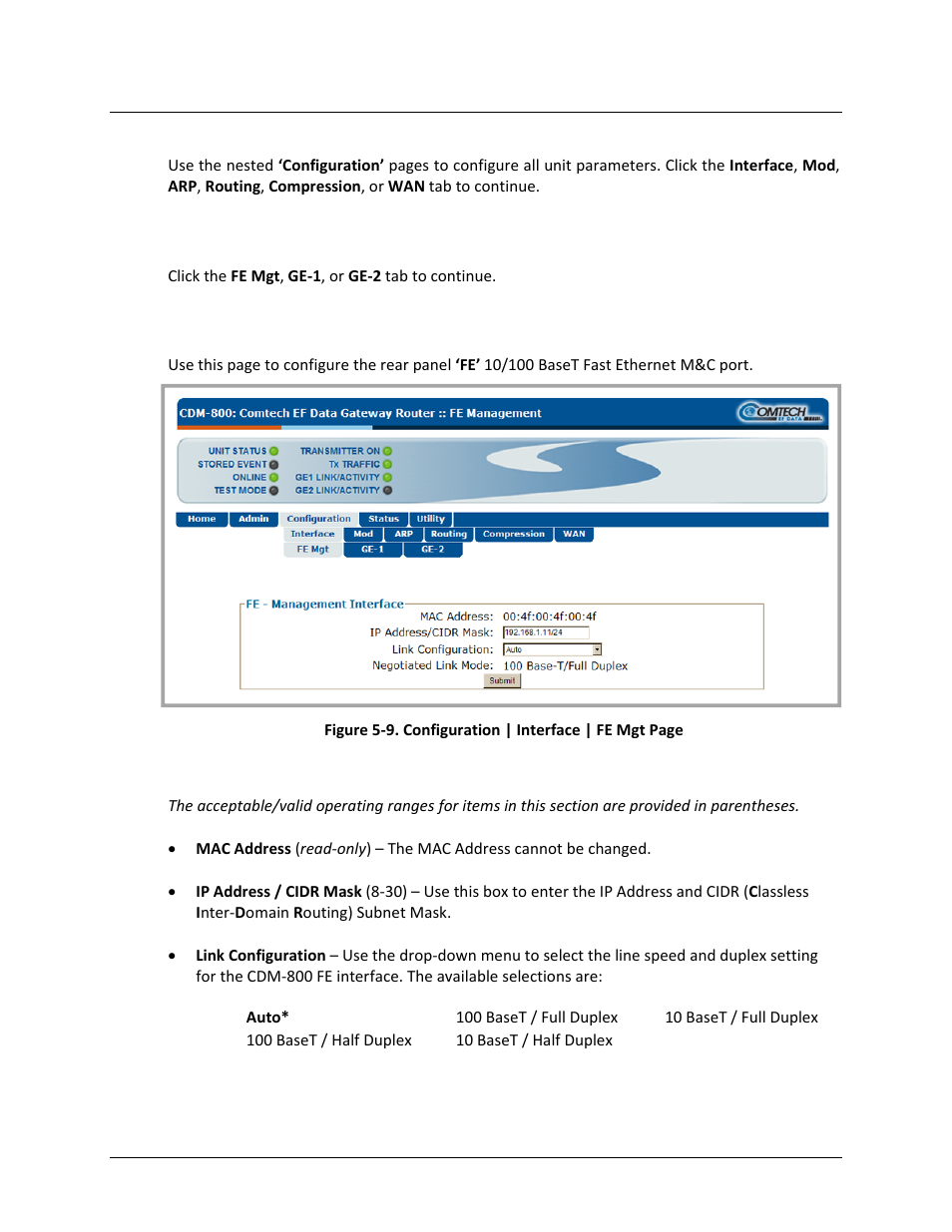 1 configuration | interface, 1 configuration | interface | fe mgt | Comtech EF Data CDM-800 User Manual | Page 78 / 130
