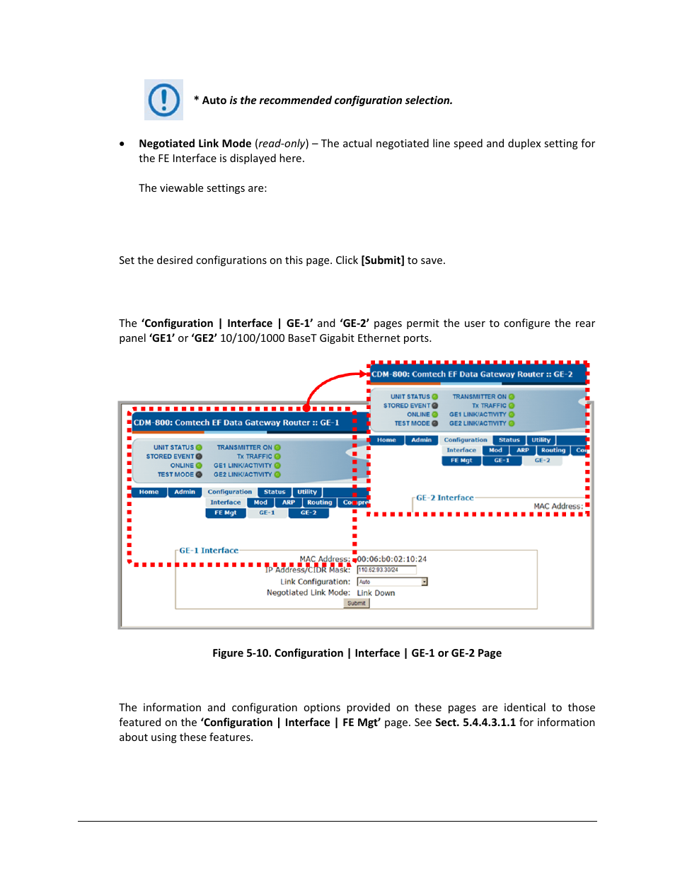 2 configuration | interface | ge-1 or ge-2 | Comtech EF Data CDM-800 User Manual | Page 79 / 130