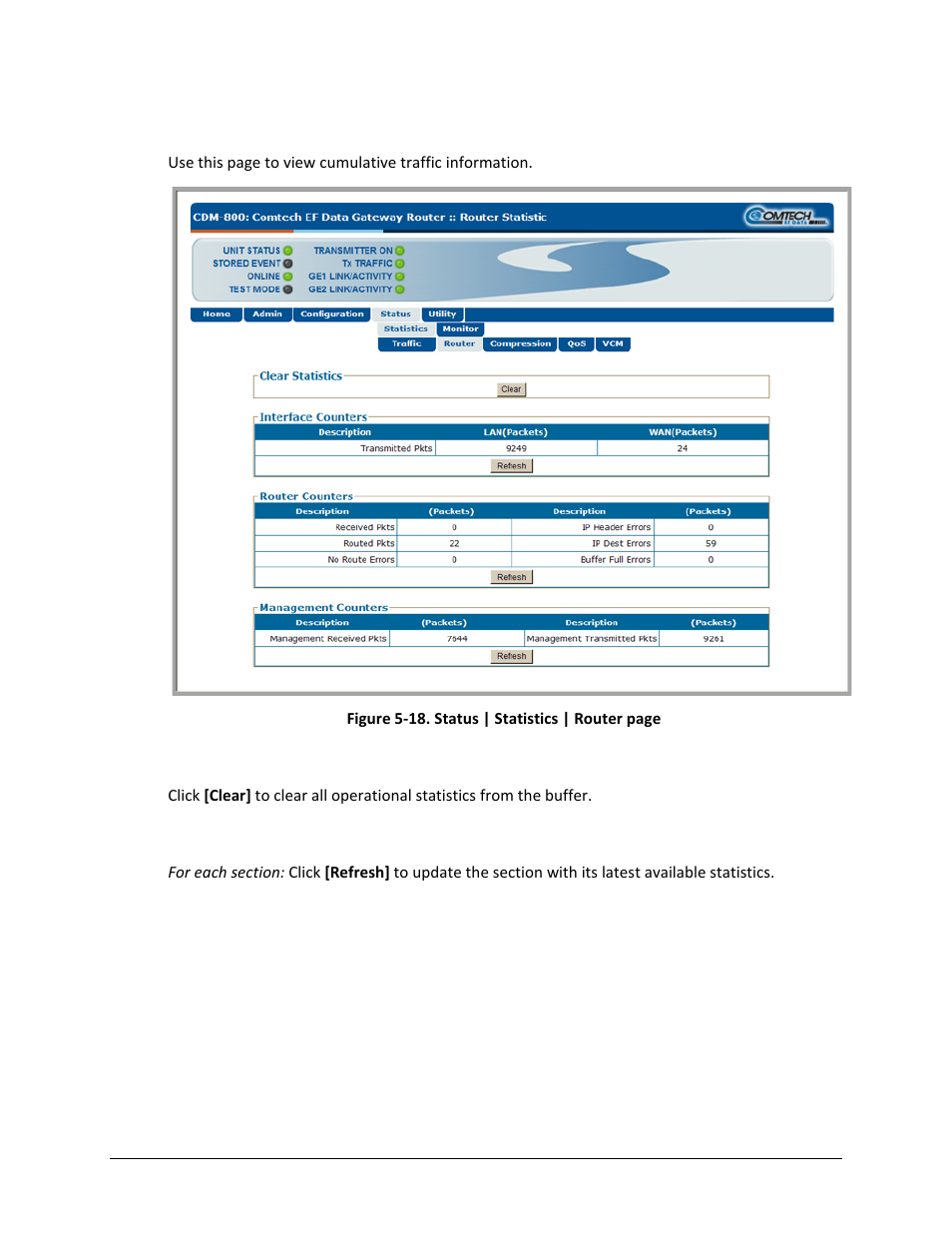 2 status | statistics | router | Comtech EF Data CDM-800 User Manual | Page 96 / 130