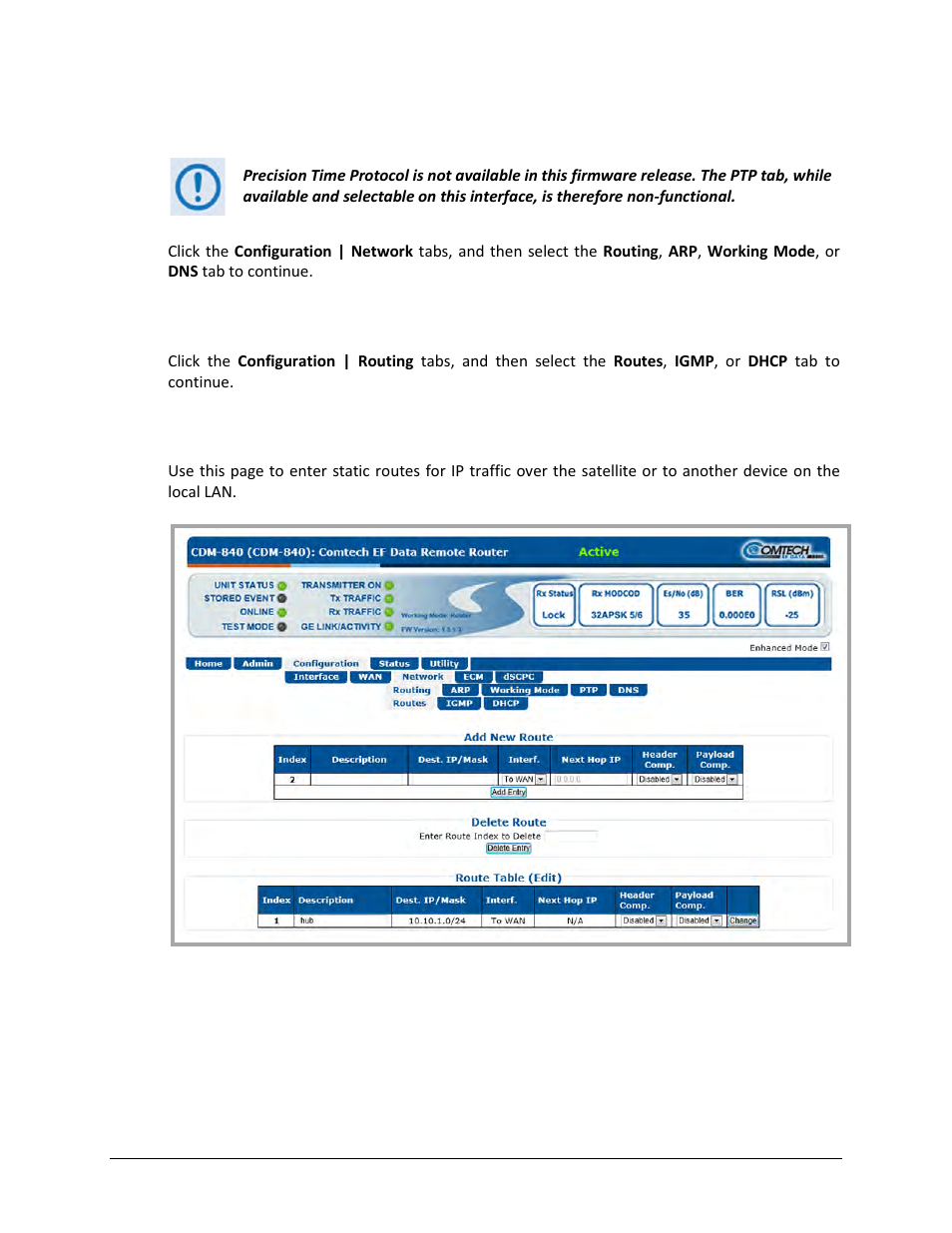 1 configuration | network | routing | routes | Comtech EF Data CDM-840 User Manual | Page 117 / 244