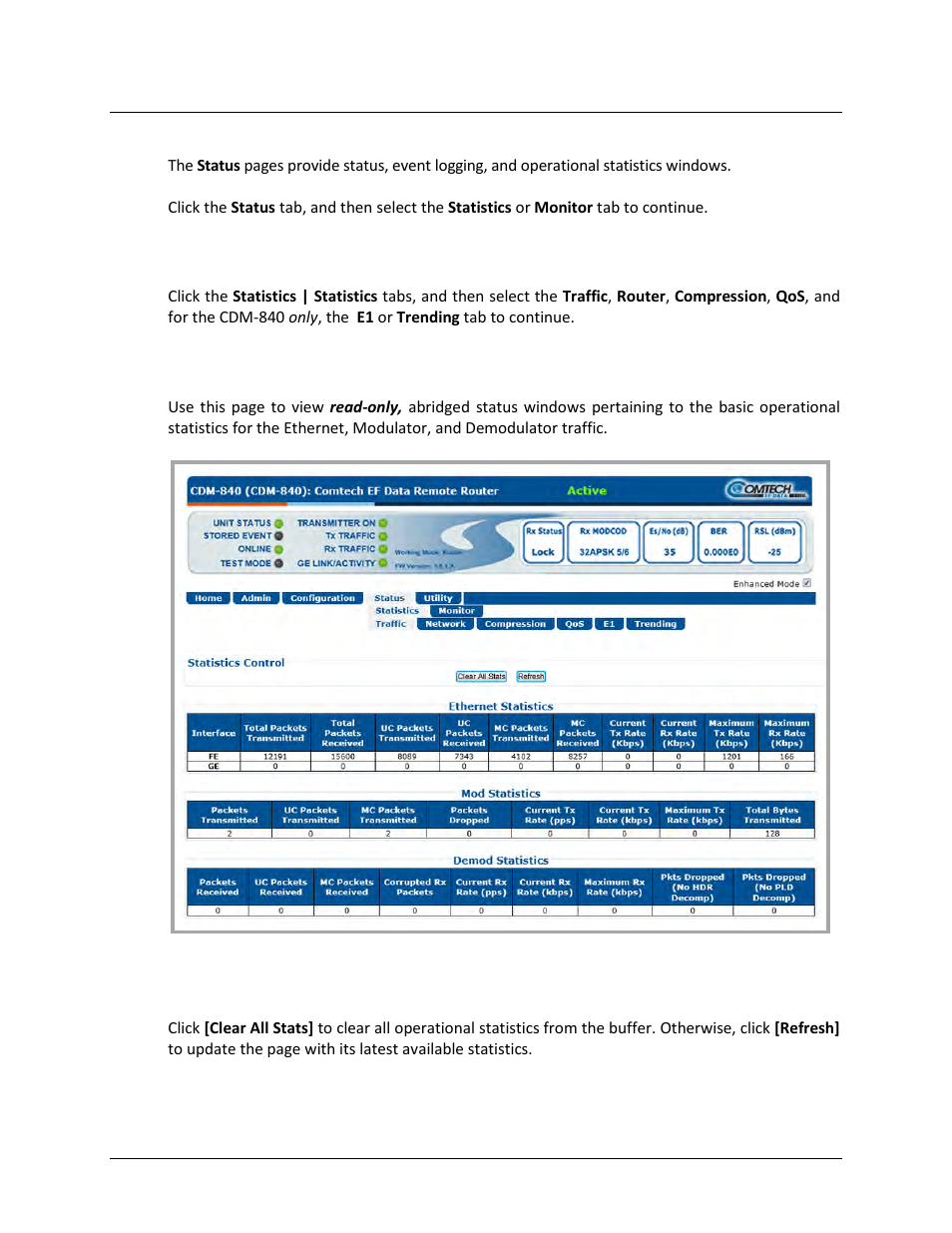 1 status | statistics | traffic | Comtech EF Data CDM-840 User Manual | Page 130 / 244