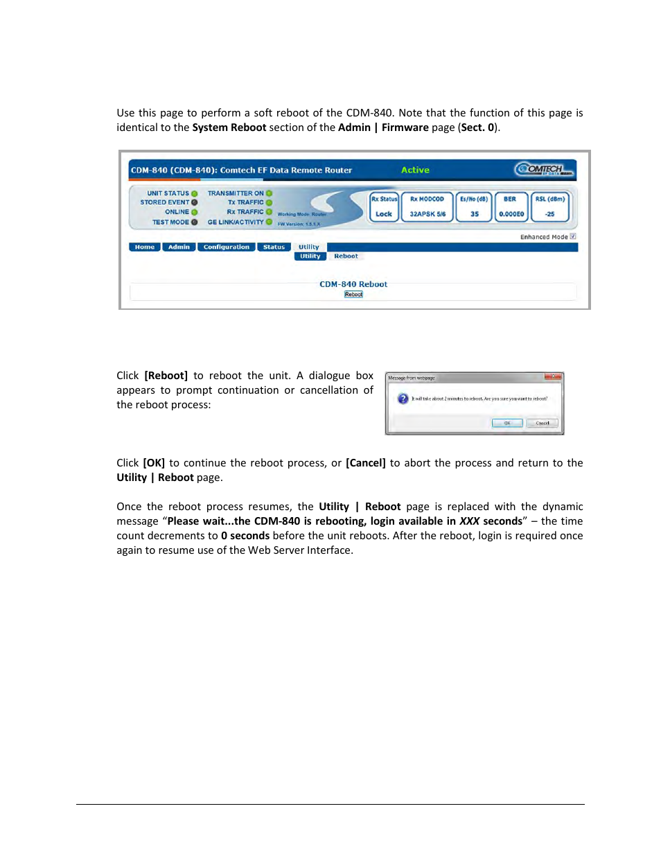 2 utility | reboot | Comtech EF Data CDM-840 User Manual | Page 146 / 244