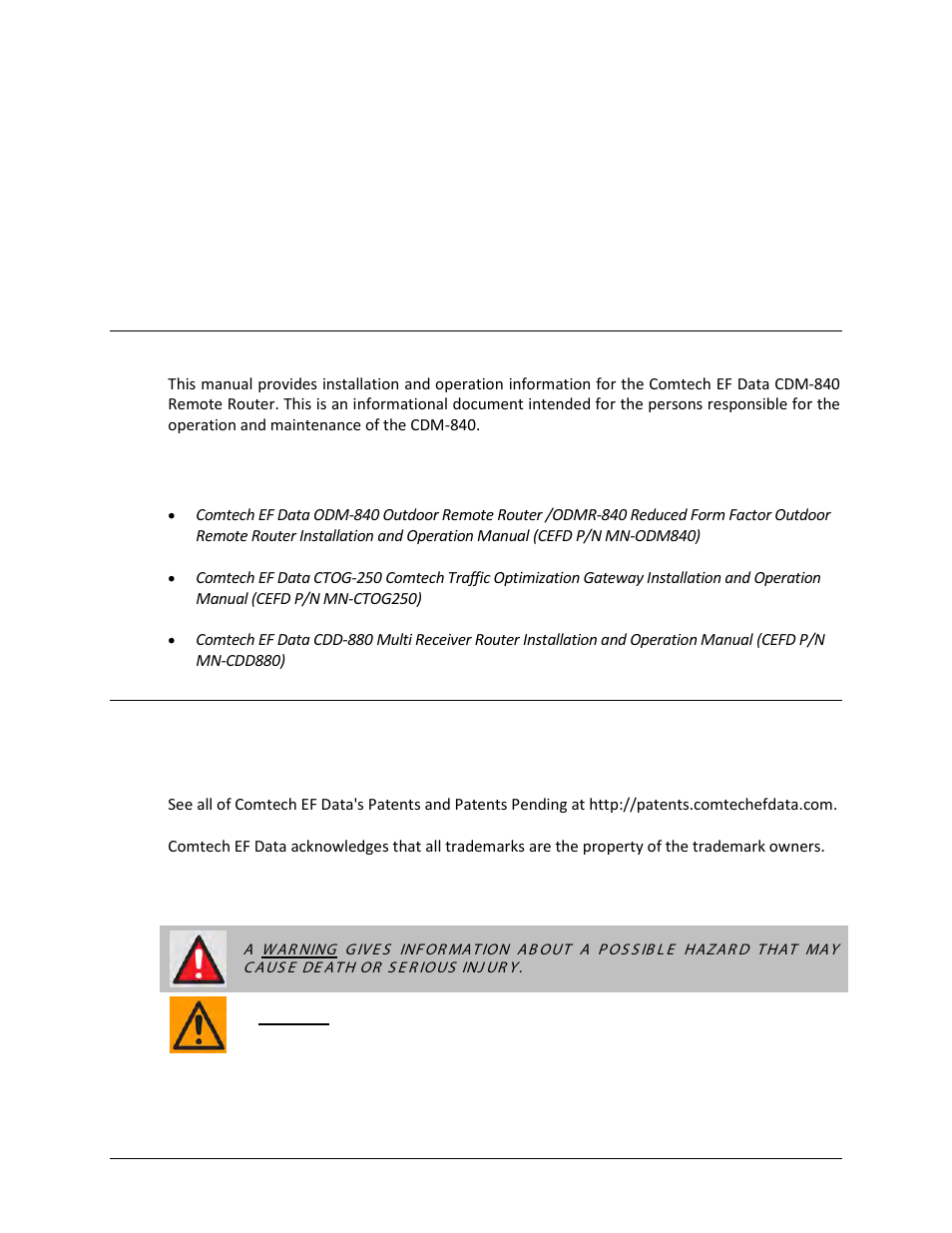 Preface, About this manual, Related documents | Conventions and references, Patents and trademarks, Warnings, cautions, and notes | Comtech EF Data CDM-840 User Manual | Page 17 / 244
