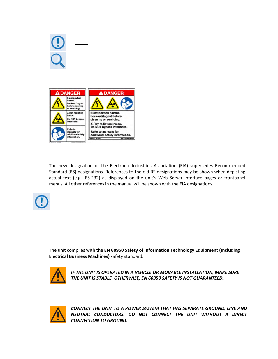 Examples of multi-hazard notices, Recommended standard designations, Safety and compliance | Electrical safety and compliance, Electrical installation | Comtech EF Data CDM-840 User Manual | Page 18 / 244