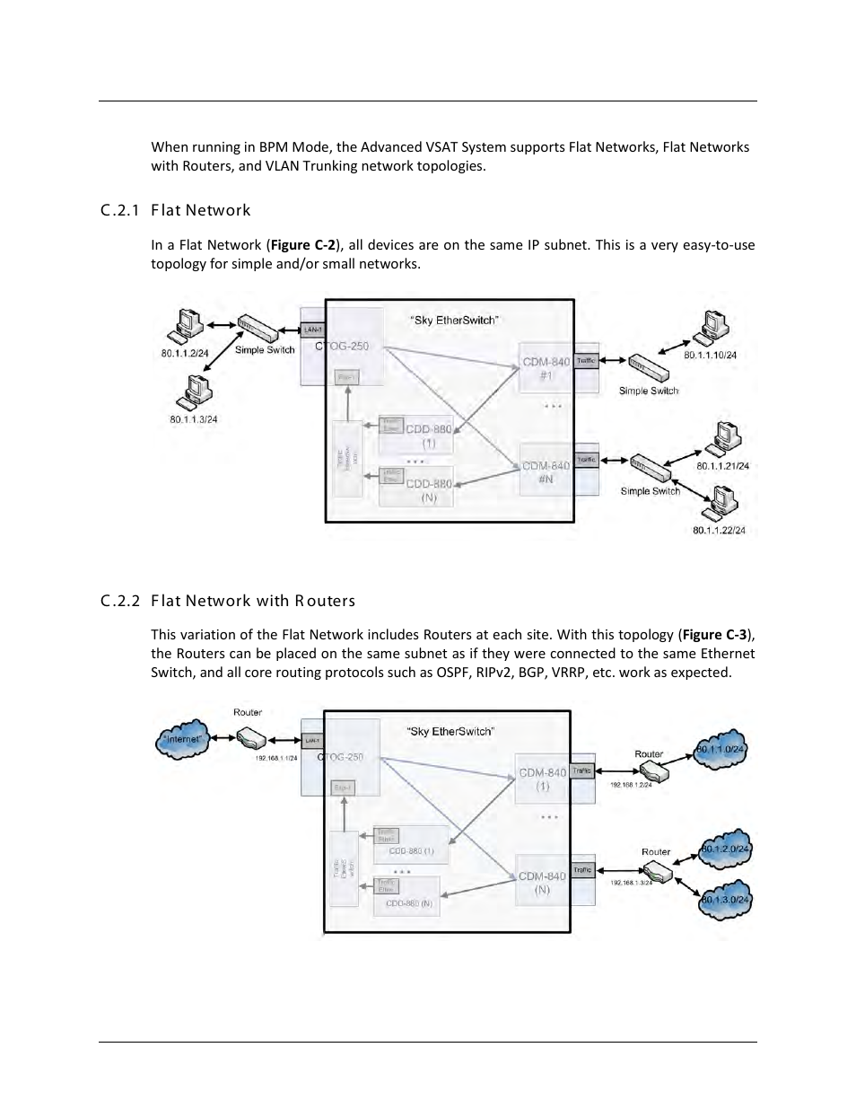 C.2 supported network configurations, C.2.1 flat network, C.2.2 flat network with routers | Comtech EF Data CDM-840 User Manual | Page 194 / 244