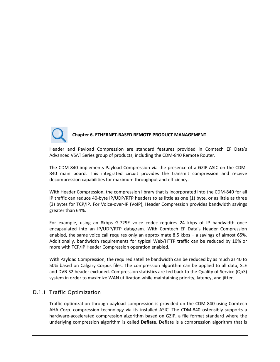 Appendix d. header and payload compression, D.1 introduction, D.1.1 traffic optimization | Appendix d. header, Payload compression | Comtech EF Data CDM-840 User Manual | Page 207 / 244