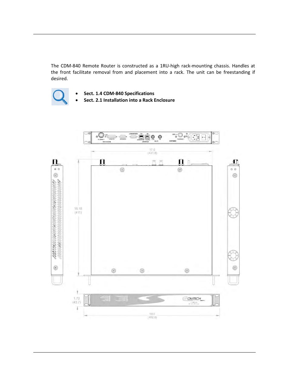 3 cdm-840 features, 1 physical description, 2 dimensional envelope | Comtech EF Data CDM-840 User Manual | Page 28 / 244