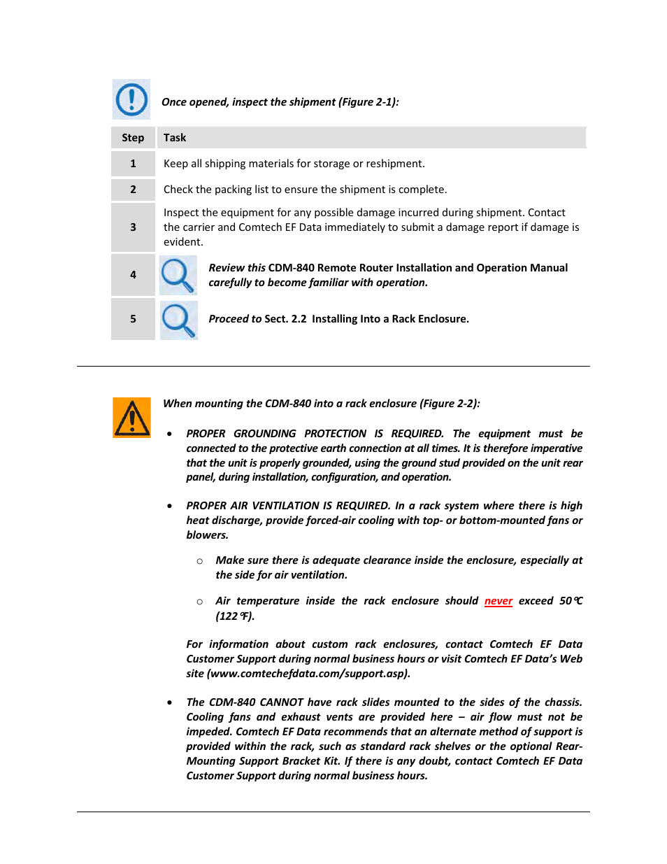 2 installing into a rack enclosure | Comtech EF Data CDM-840 User Manual | Page 36 / 244