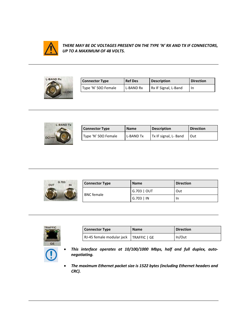 1 if connector group, 1 ‘l-band rx’ if connector, 2 ‘l-band tx’ if connector | 2 terrestrial data connector group, 1 /‘g.703 | out’ / ‘g.703 | in’ connectors, 2 /‘traffic | ge’ (gigabit ethernet) connector, 2 ‘traffic | ge’ (gigabit ethernet) connector | Comtech EF Data CDM-840 User Manual | Page 46 / 244