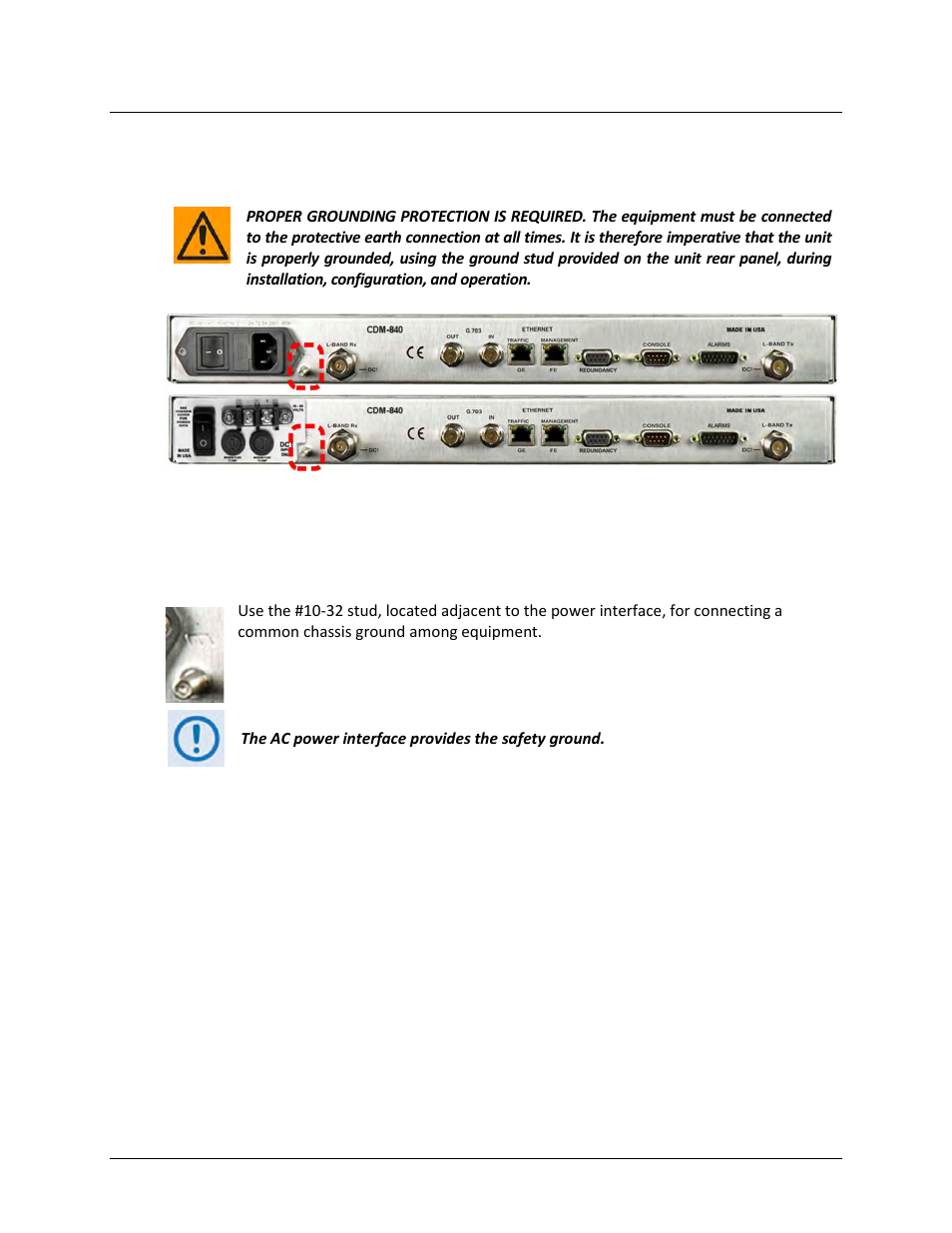 3 cdm-840 ground and power connections, 1 chassis ground interface | Comtech EF Data CDM-840 User Manual | Page 50 / 244