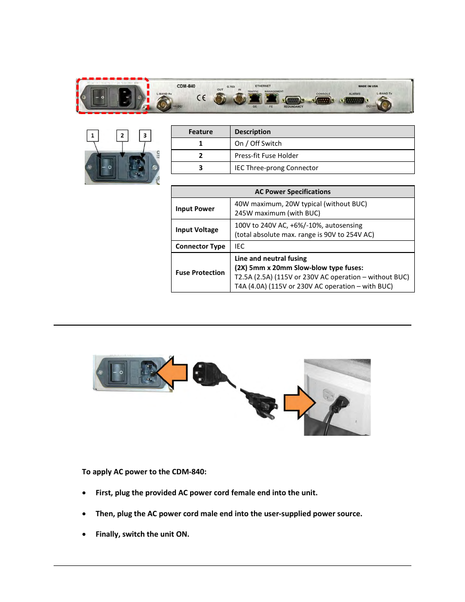 1 ac operation – applying power | Comtech EF Data CDM-840 User Manual | Page 51 / 244