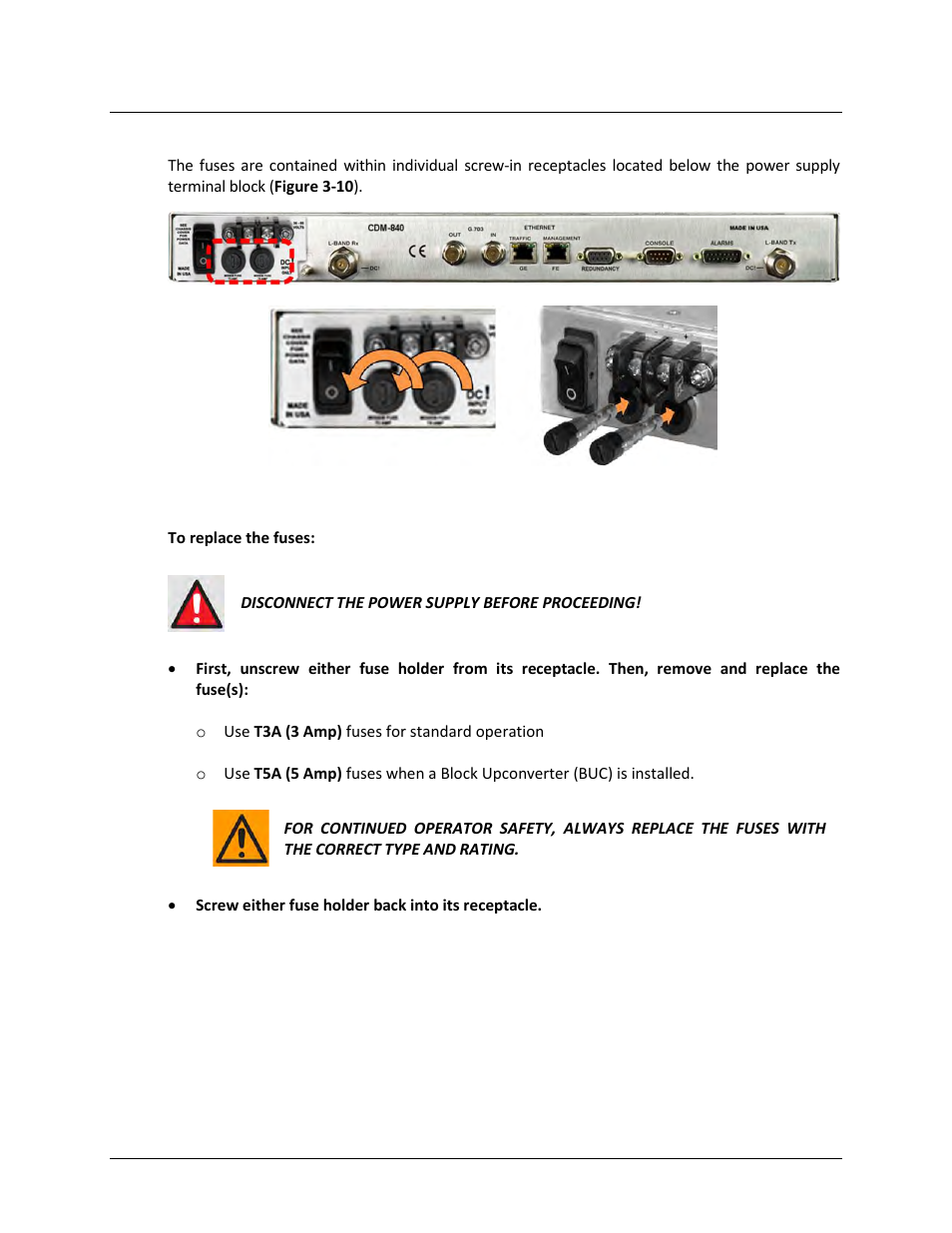 2 dc operation – replacing fuses | Comtech EF Data CDM-840 User Manual | Page 54 / 244