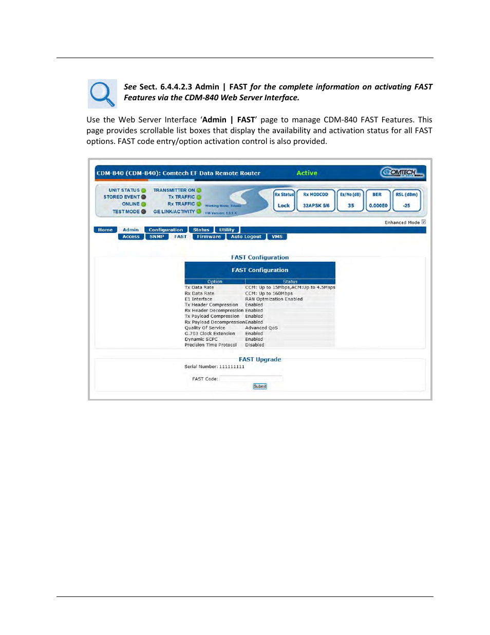 2 fast activation via the web server interface | Comtech EF Data CDM-840 User Manual | Page 66 / 244