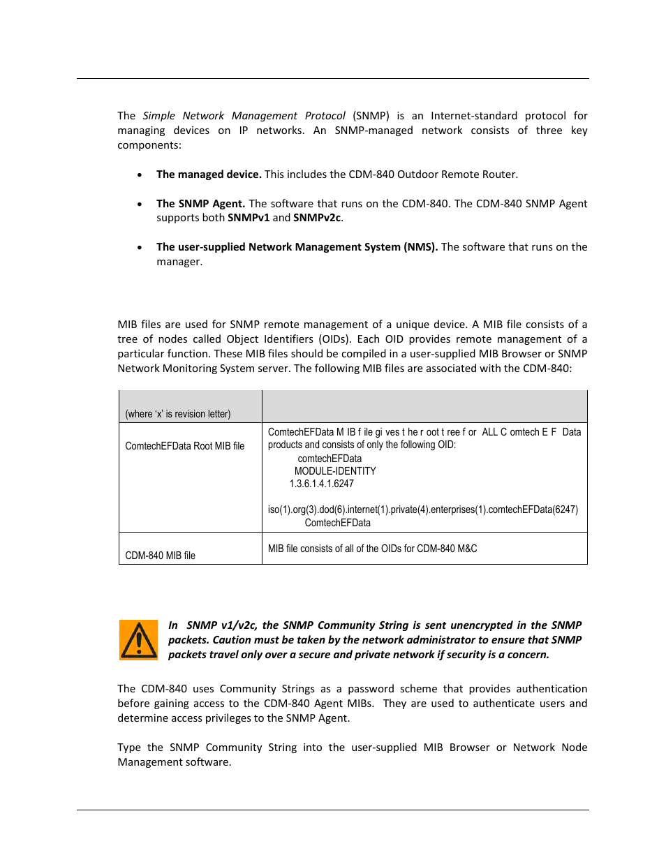 3 snmp interface, 1 management information base (mib) files, 2 snmp community strings | Comtech EF Data CDM-840 User Manual | Page 71 / 244