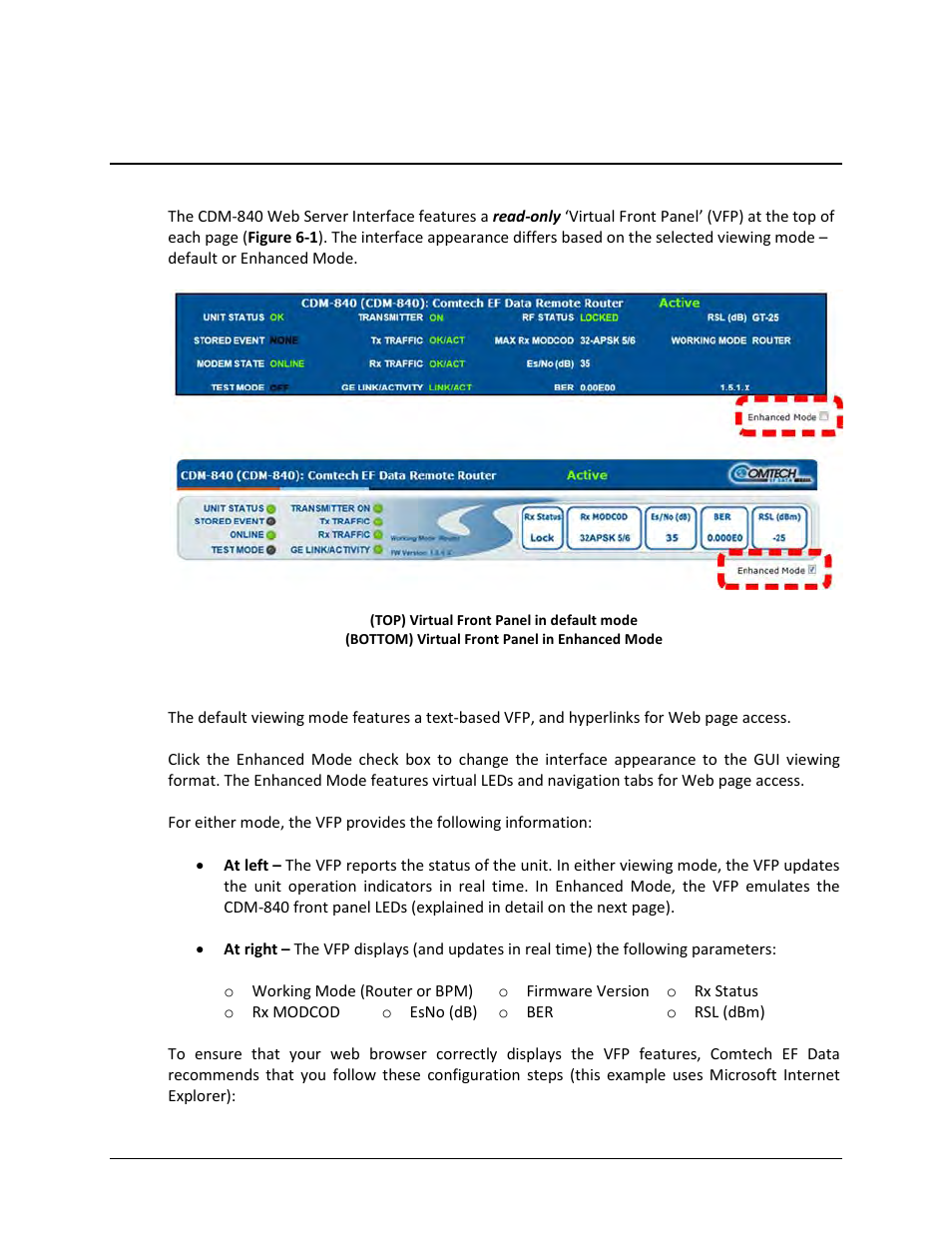2 web server interface – operational features, 1 virtual front panel | Comtech EF Data CDM-840 User Manual | Page 73 / 244
