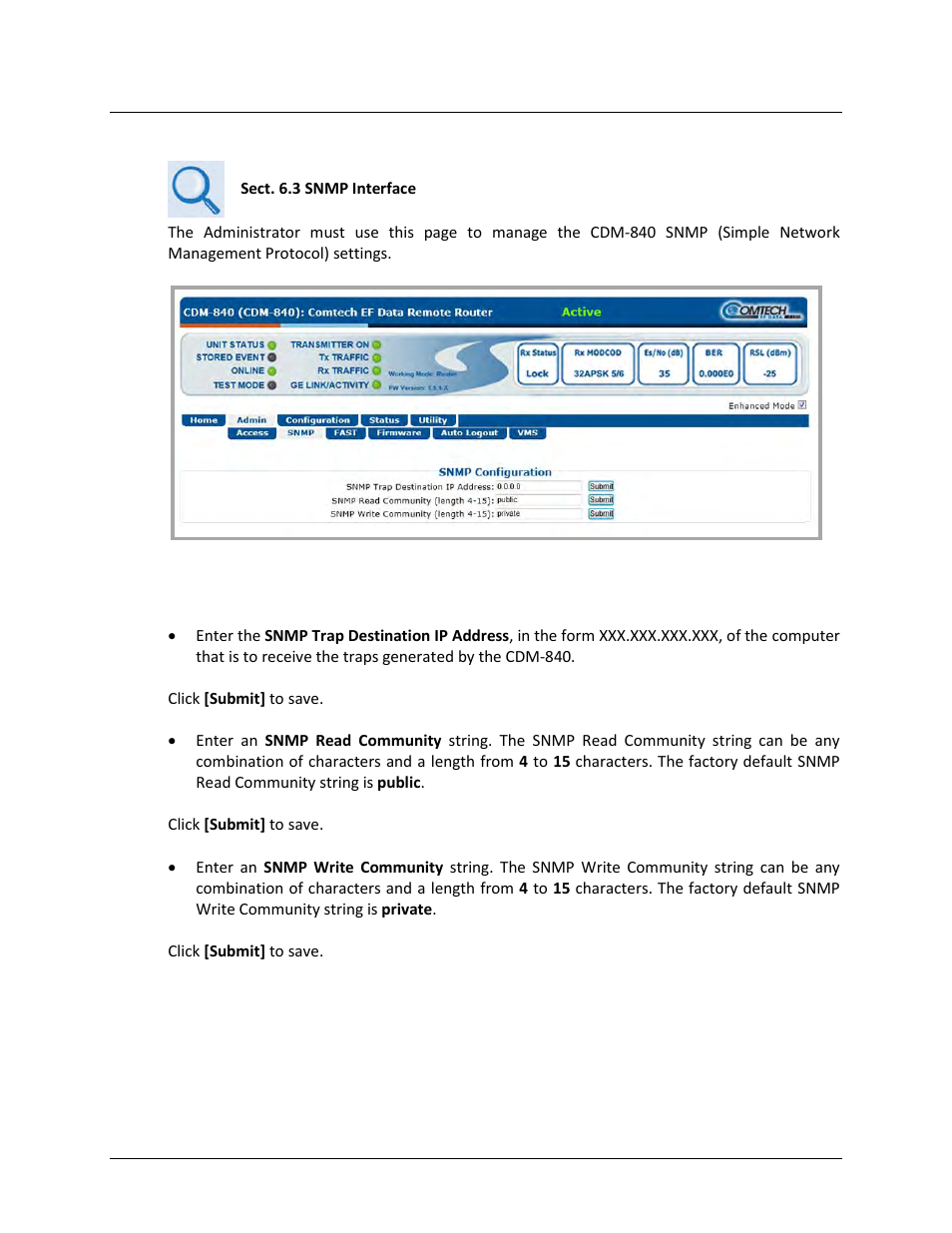3 admin | snmp | Comtech EF Data CDM-840 User Manual | Page 80 / 244