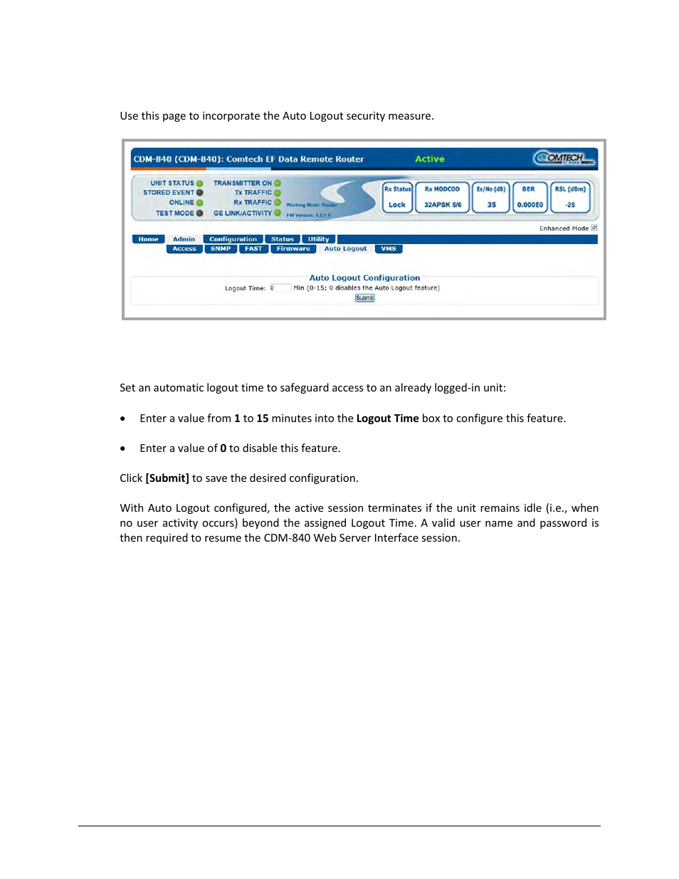 1 admin | auto logout | Comtech EF Data CDM-840 User Manual | Page 83 / 244