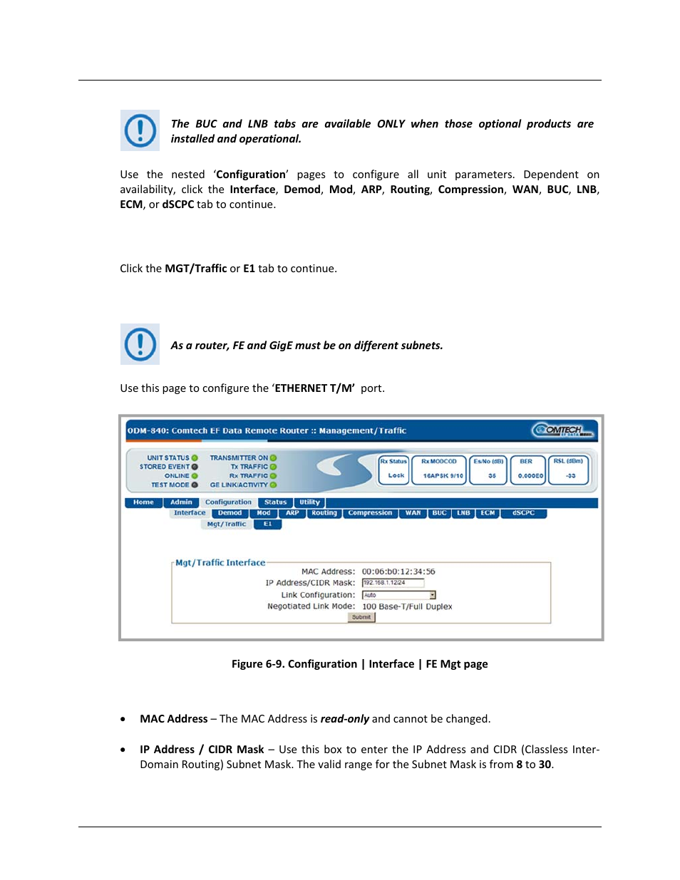 1 configuration | interface | mgt/traffic | Comtech EF Data ODM-840 User Manual | Page 107 / 184