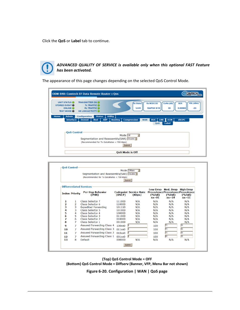 7 configuration | wan pages, 1 configuration | wan | qos | Comtech EF Data ODM-840 User Manual | Page 126 / 184