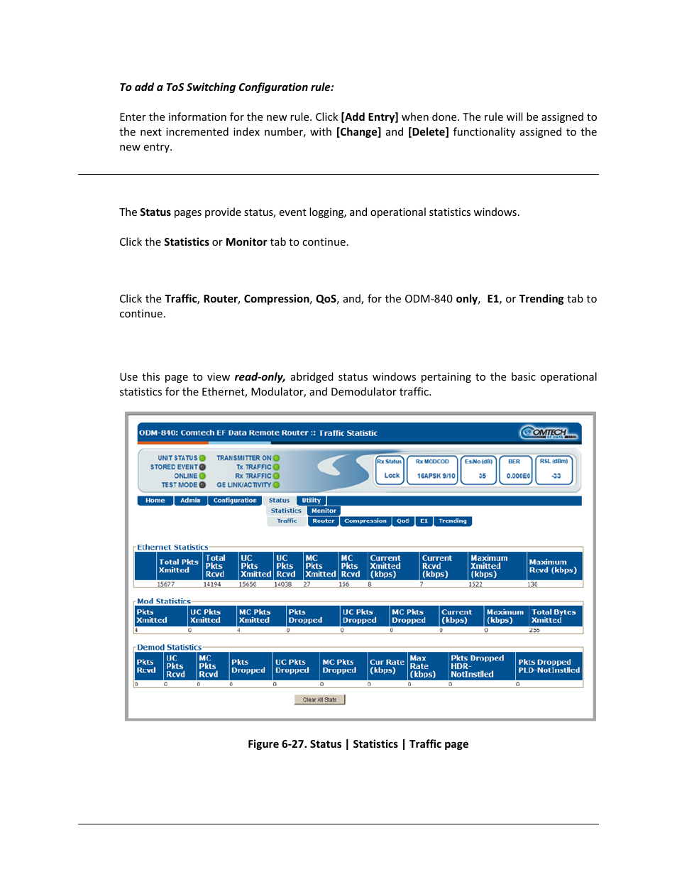 1 status | statistics | traffic | Comtech EF Data ODM-840 User Manual | Page 139 / 184