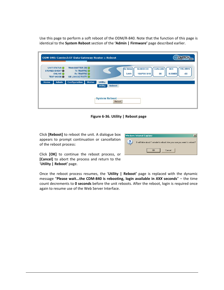 2 utility | reboot | Comtech EF Data ODM-840 User Manual | Page 155 / 184